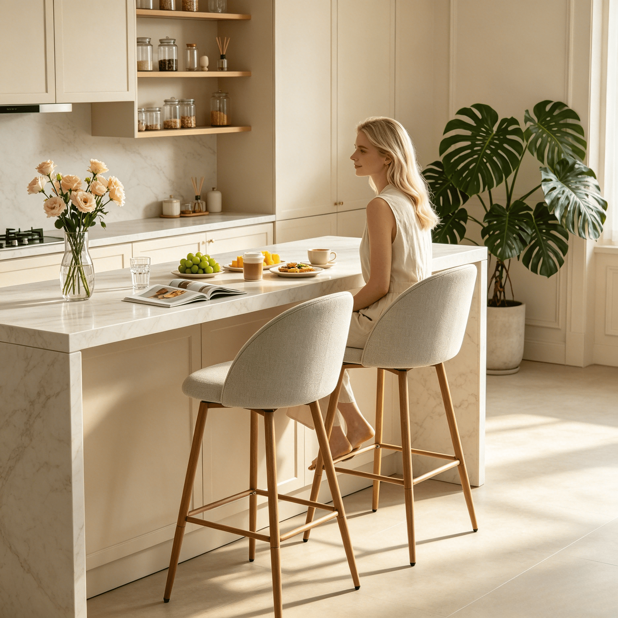 Homy Casa Bar Stools Set of 4, 26.8" Swivel Counter Height Stools with Padded Seats, Beige