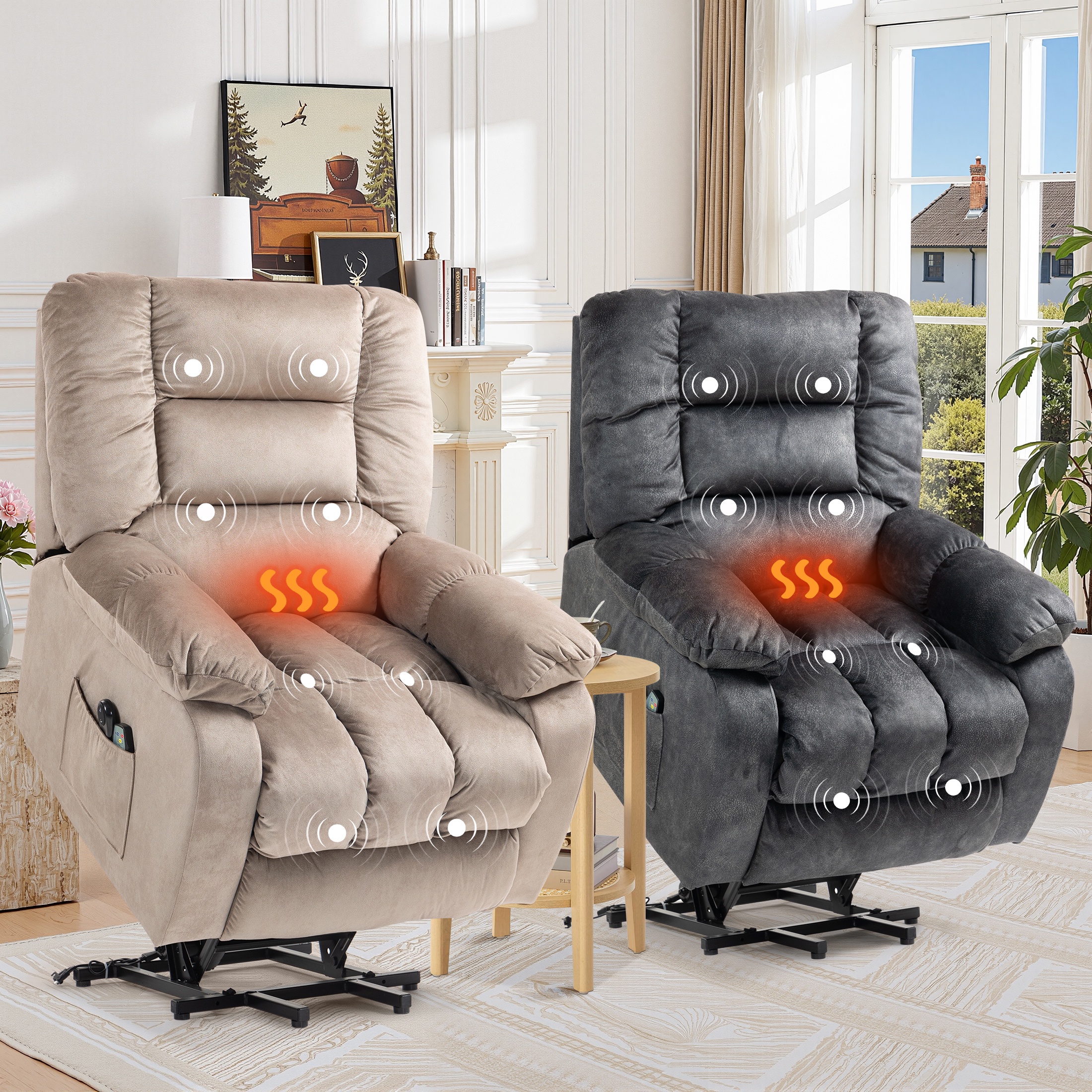 PAPROOS Recliner Chair, Electric Power Lift Recliner with Heat Therapy and Massage Function, Large Size Lift Chair with Remote and Side Pocket, Oversized Power Reclining Sofa, Gray Blue
