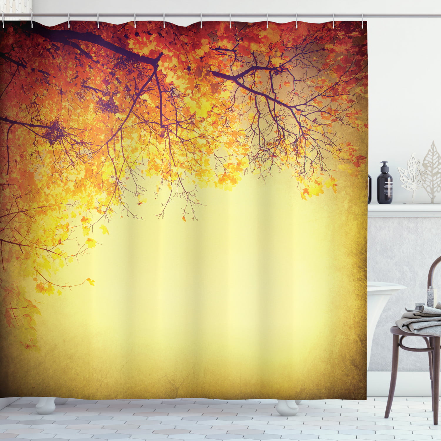 Hello Autumn Fall Maple Leaves Branches Fabric Shower Curtain Set Bathroom Decor 