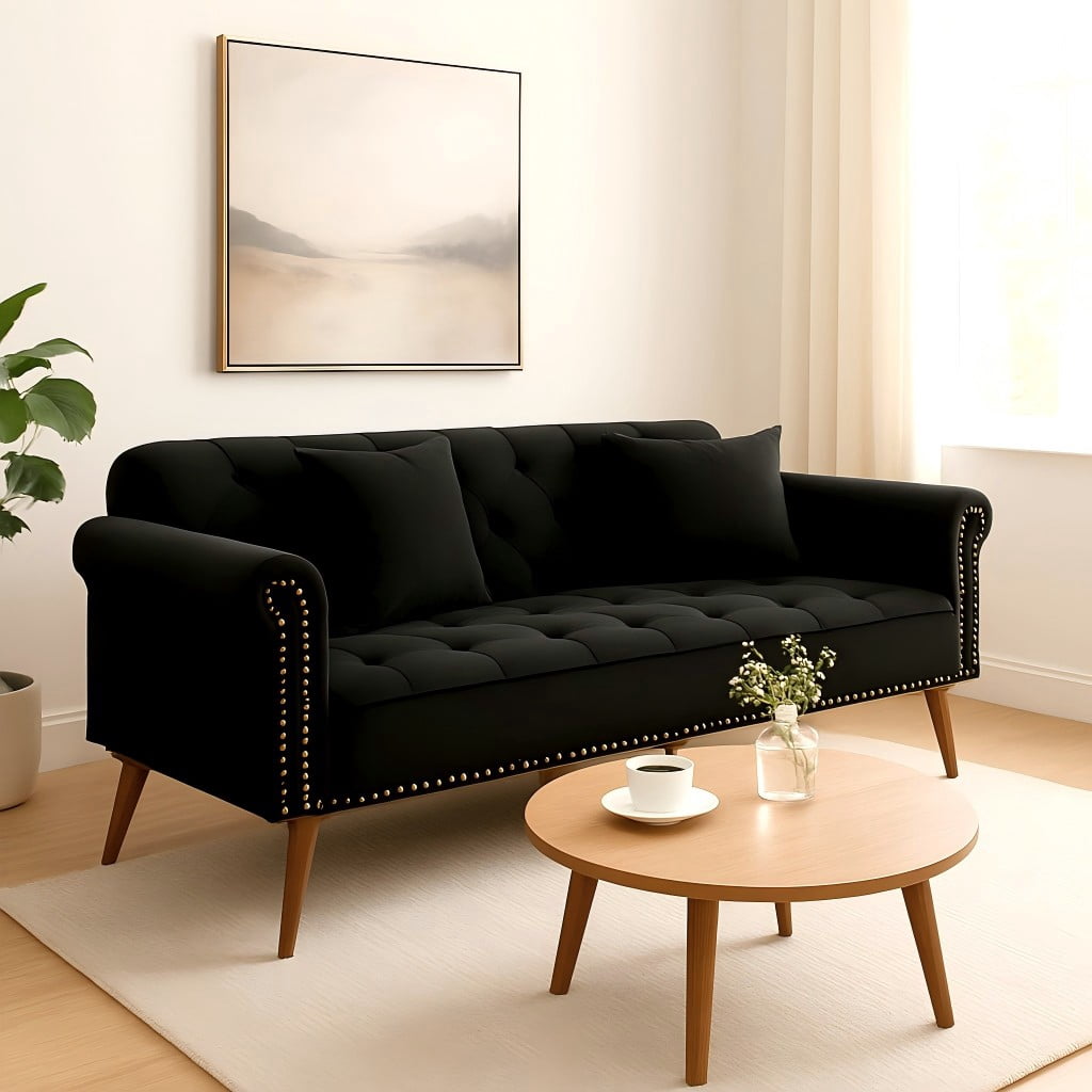 Convertible Futon Sofa Bed,Modern Velvet Upholstered Loveseat Sofa Nailhead Sleeper Couch Bed with Two Pillows for Living Room,Bedroom,Black02