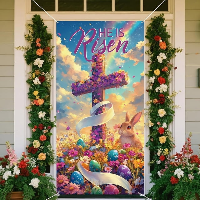 CaiYueKe Easter Door Curtain Spring Holiday Decorations Bunny Egg Pattern Party Supplies Wall Hanging Decorative Banner for Home Indoor Outdoor Festival Celebration
