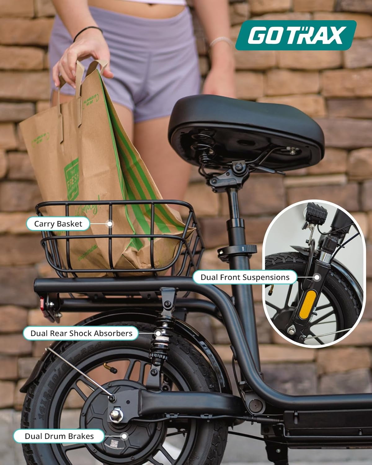 GOTRAX FLEX ULTRA Electric Scooter with Seat, 14" Tire 15.5Mph Power by Peak 500W Motor Comfortable EBike with Carry Basket for Adult