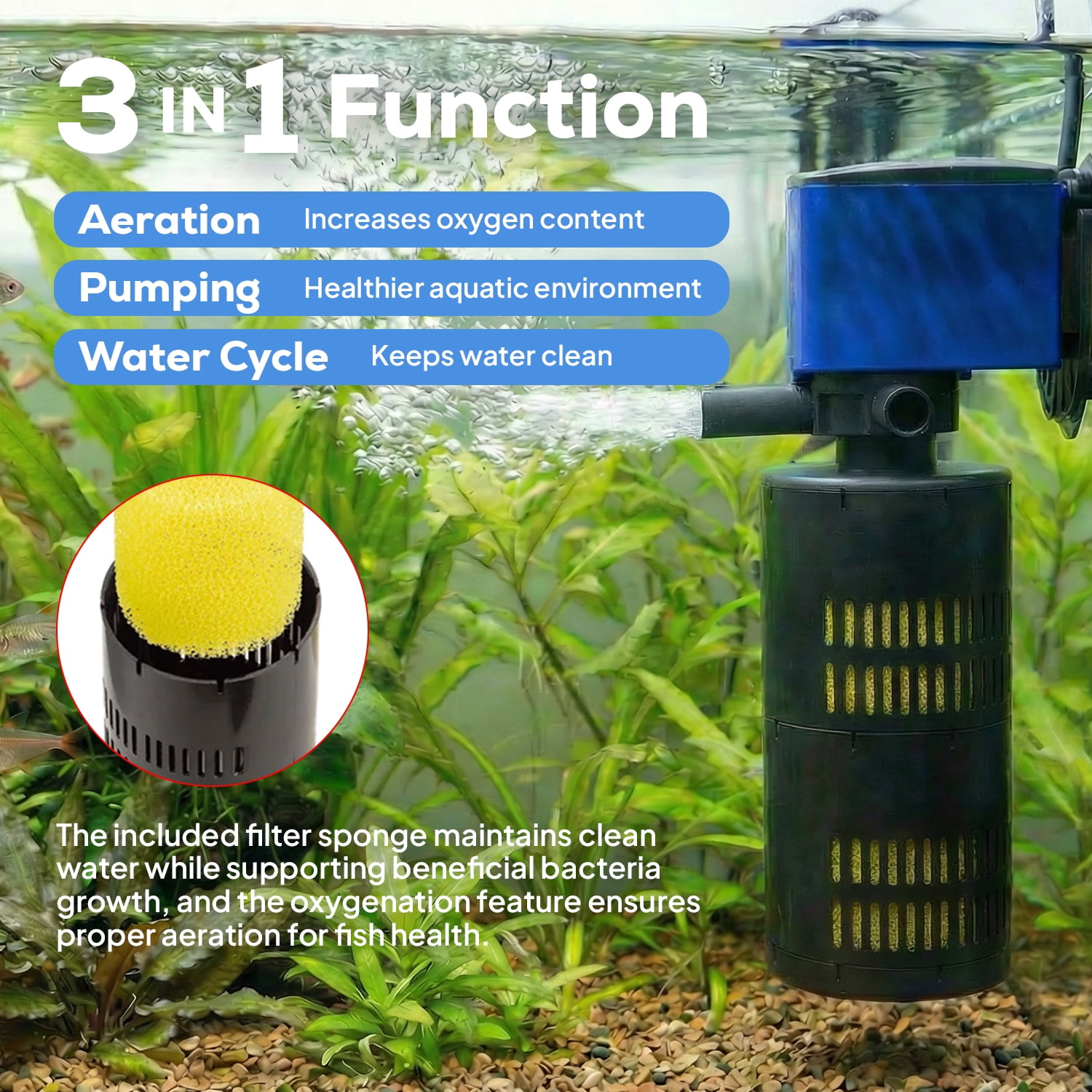 320 GPH Internal Aquarium Filter with Adjustable Flow, Multi-Stage Filtration & Aeration