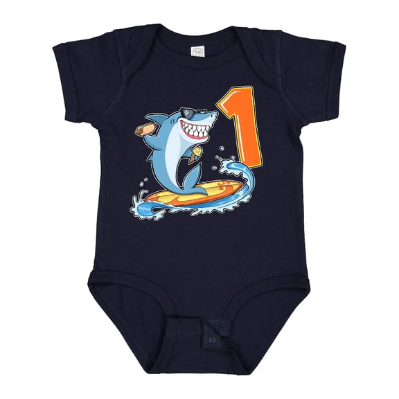 Inktastic First Birthday Surfing Shark with Hot Dog and Ice Cream Boys or Girls Baby Bodysuit