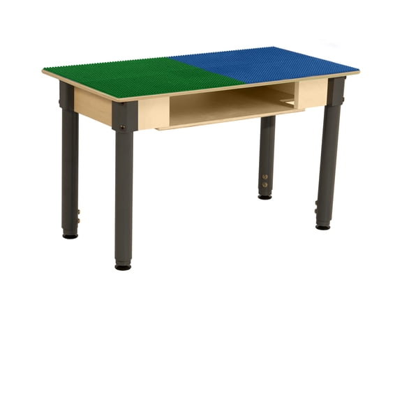 Time-2-Play Kids Birch Plywood Rectangular Lego Compatible Play Table, 30.75"x 15.5" with 18”-29” Adjustable Legs, Montessori Building Blocks Desk with Built-in Storage [Blue and Green]