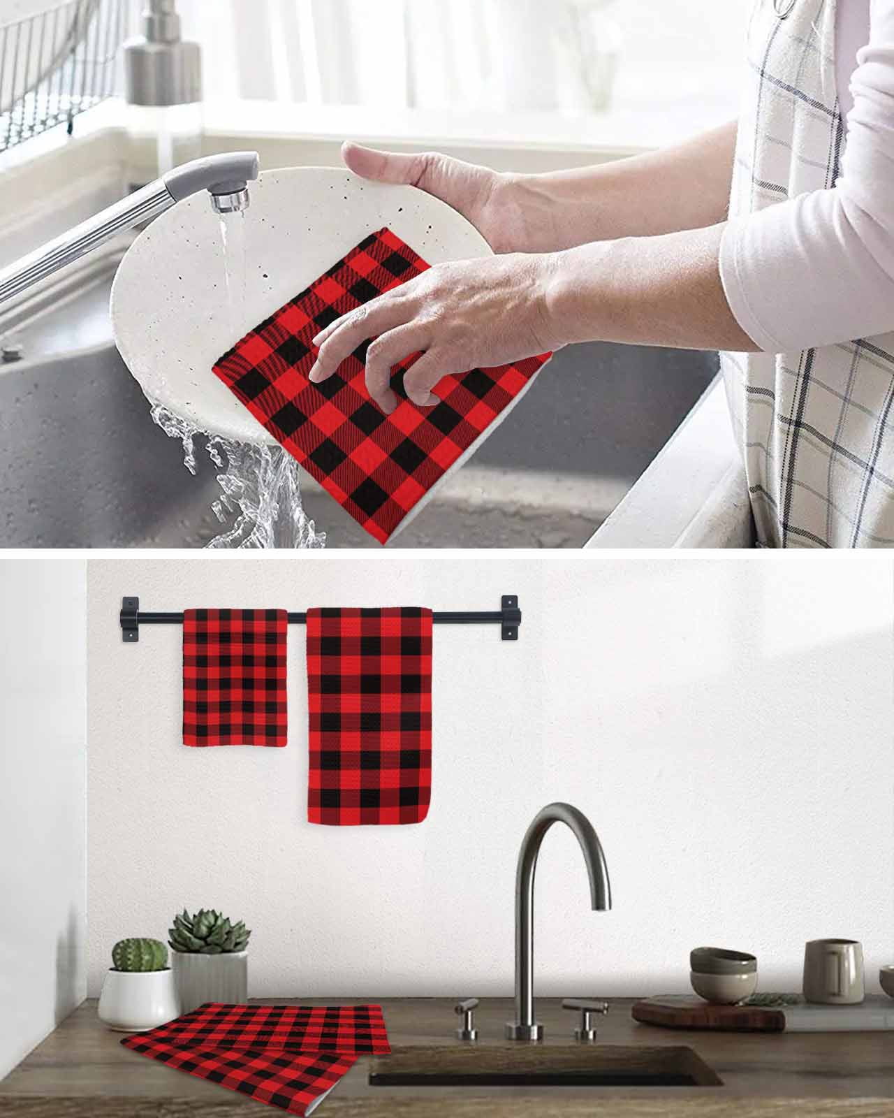 Red Black Buffalo Plaid Dish Towels Set, Waffle Weave Kitchen Towels 3 Pieces, Black Red Checkered Microfiber Hair Face Bath Tea Towel Absorbent Quick Drying Cleaning Dish Cloths, 12"x12"