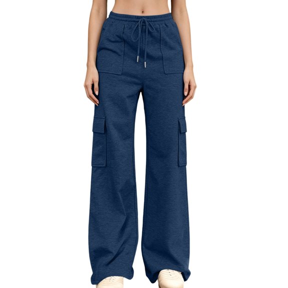 QQZ Flowy Wide Leg Cargo Joggers Pants For Women, Elastic Waist Drawstring Casual Track Pants, Daily Lounging Weekend Travel Outfits