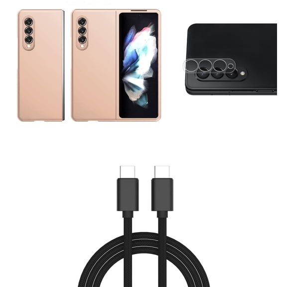 Bemz Accessory Bundle for Galaxy Z Fold 3 5G: Slim Rubberized Matte Snap On Case (Rose Gold Pink), Rear Camera Glass Screen Protector, PD Power Delivery USB-C to USB-C Cable (3 Feet)