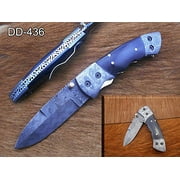 7.5" long Folding Knife with 3.5" blade, Bull Horn scale with Damascus bolster Hand Forged Damascus steel Folding knife, Thumb knob & liner lock, Cow hide leather sheath with belt loop