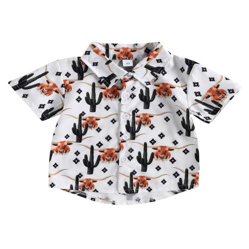 Opperiaya Chemise pour Garçon, Manches Courtes, Col à Revers, Imprimé Taureau, Fête de Rue, Haut Décontracté Ample pour le Printemps et l'Été 6 m-4 A