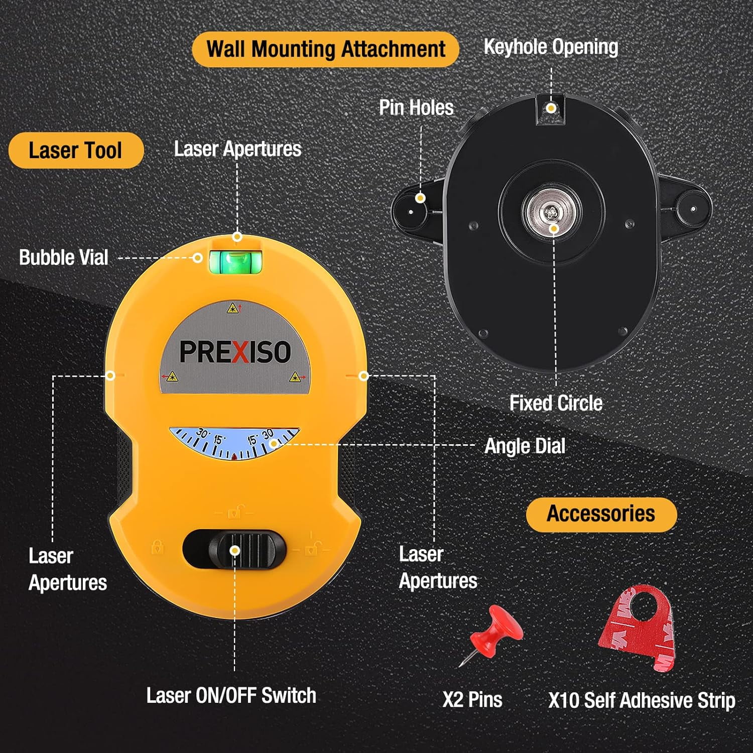 PREXISO Multi Surface Laser Level LED Light Vial, 30Ft Horizontal & Vertical Line Laser with Wall Mount Base, 2 Pins, 10 Sticker, 2 AA Batteries