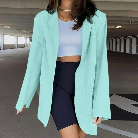 BYHONG Womens Candy Colors Cotton and Linen Shoulder Pads Open Front Long Sleeve Lapel Collar Suit Coat for Women Blue L