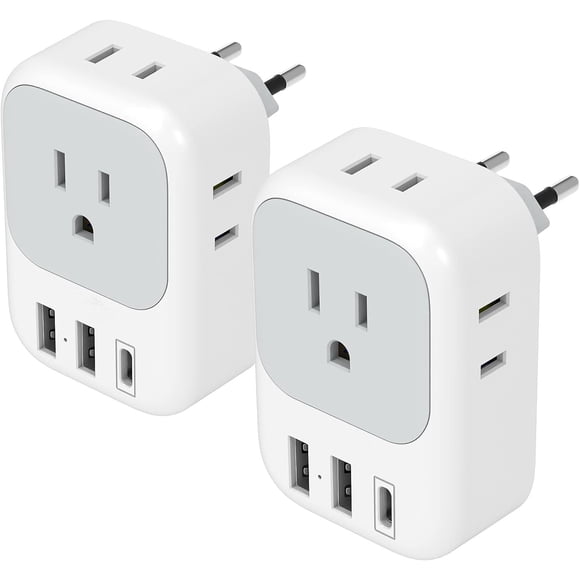 2 Pack European Travel Plug Adapter USB C, US to Europe Plug Adapter with 4 Outlets 3 USB Charger