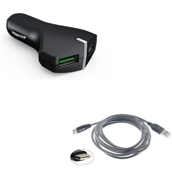 2-Port USB 36W Fast Car Charger w Charger Cord Type-C 6ft USB Cable W6A for LG G7 ThinQ, G Pad X II 10.1, Stylo 5 4 Plus - Microsoft Surface Go (10"), Lumia 950 - Motorola One, Moto Z4 Z3 Play