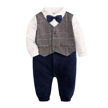 

Toddler Baby Boys Romper Cotton Long Sleeve Gentleman Jumpsuit Outfit One-Piece Button-Down Bowtie Wedding Suit Bodysuit