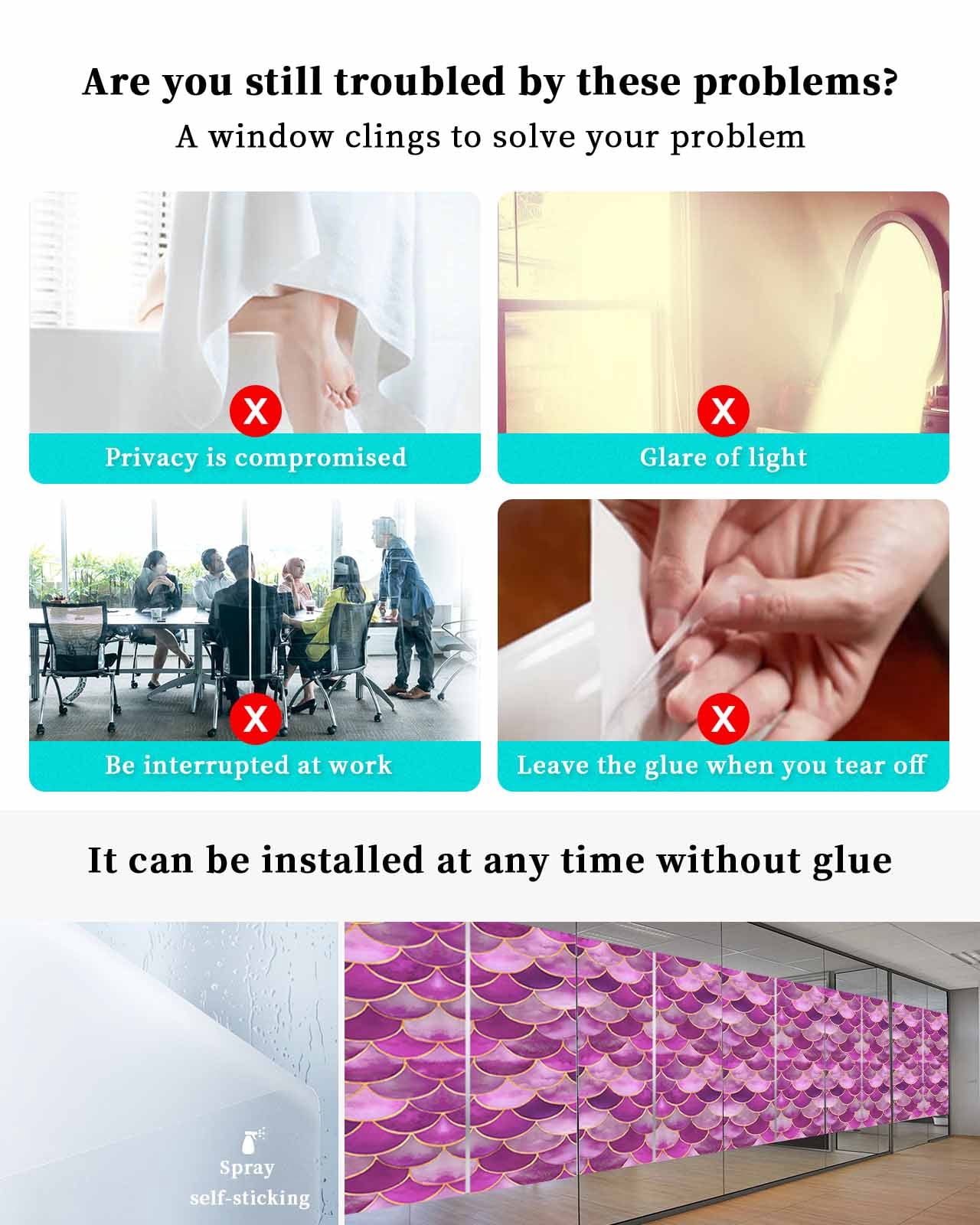 Window Privacy Film Purple Ombre Scale Stained Glass Window Film Decorative Sun Block Window Cover Abstract Art Ocean Coastal Window Clings Static Adhesive Sticker for Bathroom 29.5"x78.7"