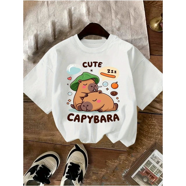T-Shirt Graphique Capybara Mignon, Tissu Tricoté Noir Col Rond Manches Courtes, Coupe Régulière Haut d'Été Décontracté pour Filles et Garçons, Accessoires Capybara, Tee-Shirt Sportif Décontracté, Cadeaux d'Été