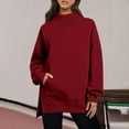 thumbnail image 5 of Women's Mock Neck Tunic Sweatshirt, Side Slit Hem Long Sleeve Pullover, Mid-Length Casual Top, Solid Color High Neck Blouse, Comfortable Stretch Knit Tunic for Women Red M, 5 of 8
