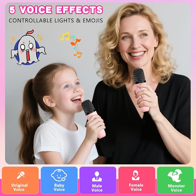 Zeokiar Upgraded Mini Karaoke Machine Toy for Kids, Portable Bluetooth Speaker with 2 Wireless Mics, Emoji & Colorful LED Lights, Home Travel & Party Play Gifts for Boys Girls (Pink)