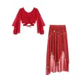 thumbnail image 2 of TiaoBug Womens Arabian Belly Dance Dress Outfits Flare Sleeve Crop Top with Chiffon Skirt Set A Red One Size, 2 of 7