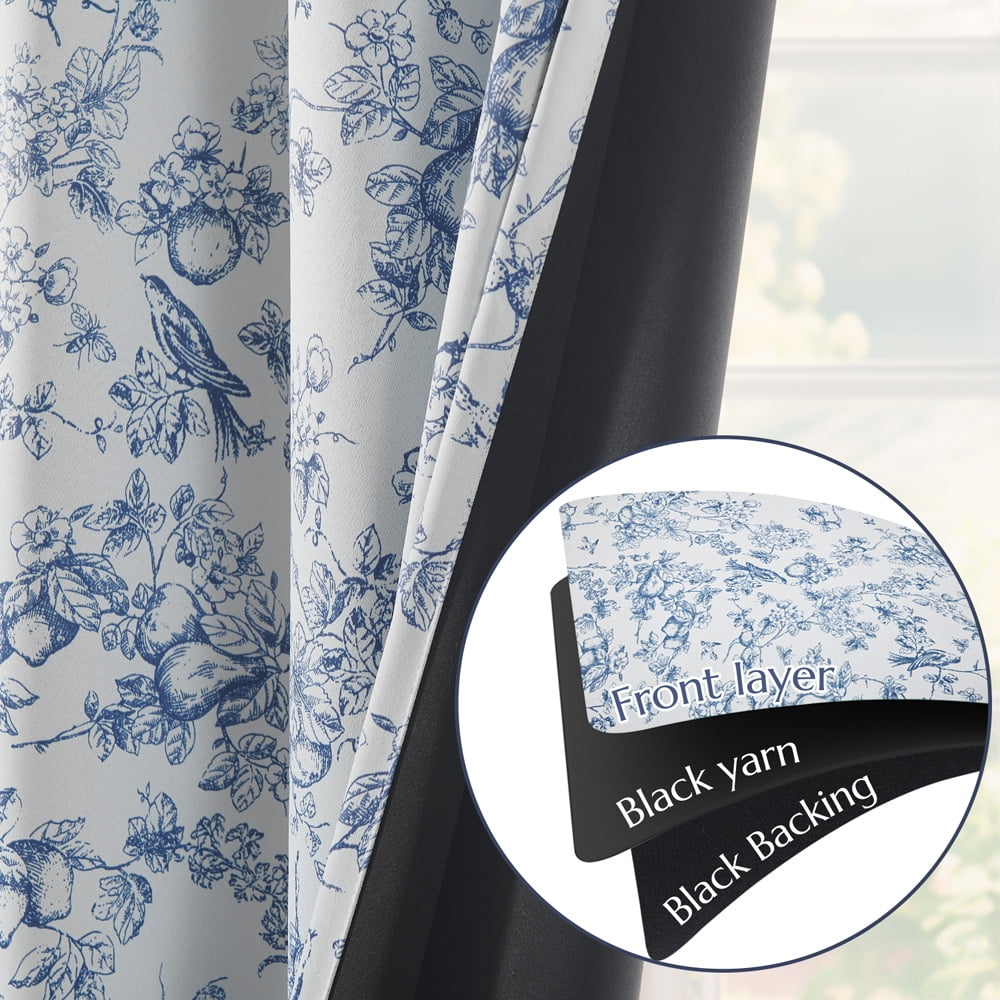 CURTAINKING Blackout Curtains 63 Inches Long, Printed Floral French Farmhouse Curtains for Bedroom Living Room Back Tab Thermal Insulated Window Drapes, 2 Panels Blue