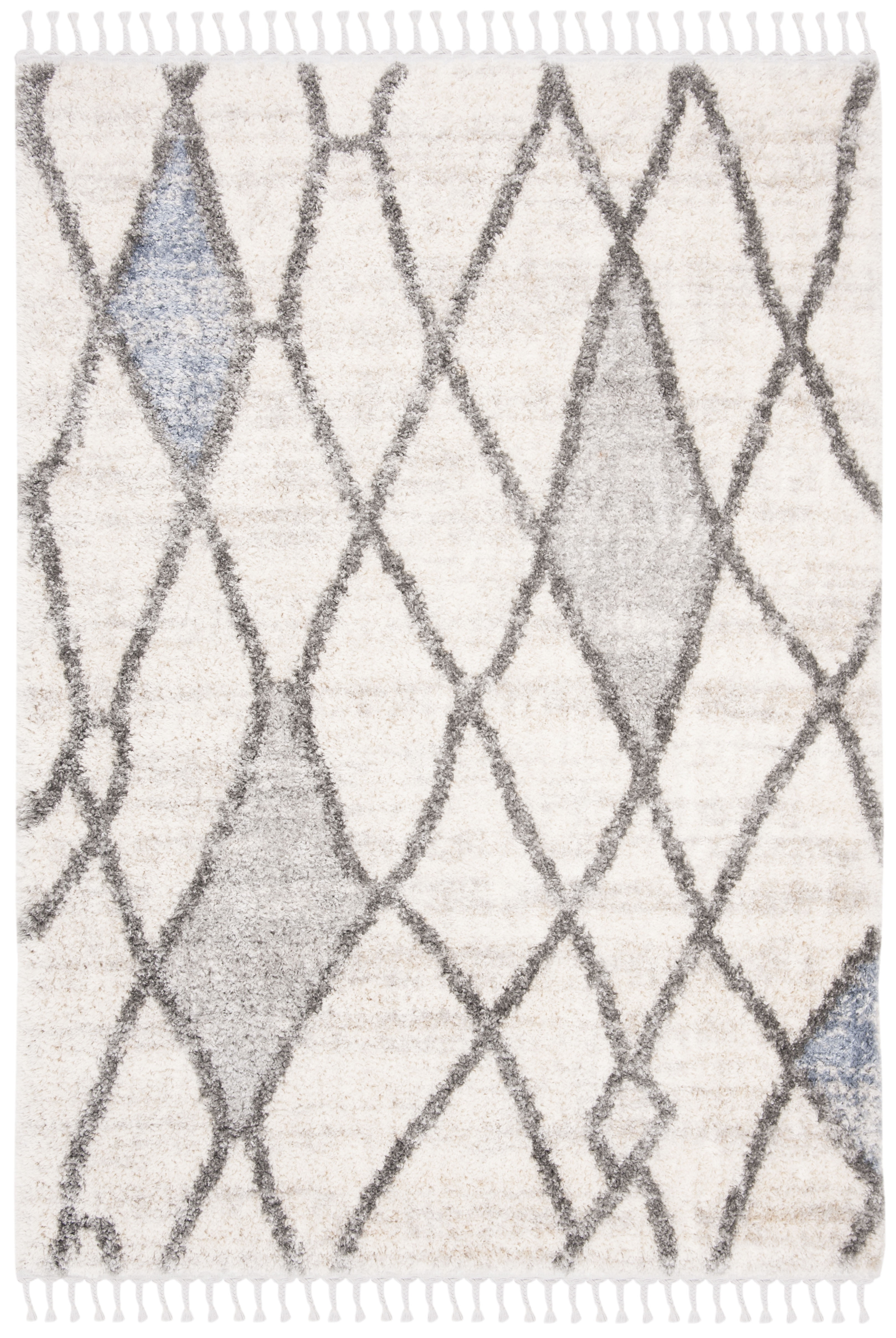 SAFAVIEH Berber Fringe Hattie Geometric Shag Area Rug, Cream/Blue, 5'3" x 7'6"