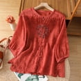 thumbnail image 2 of Enjoytime 3/4 Length Sleeve Womens Tops Imitation Linen Embroidered Button Down Blouses Solid Color 3/4 Sleeve Casual Business Work Shirt, 2 of 8
