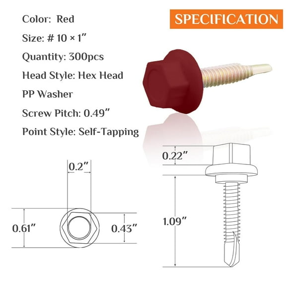 GHRTGR-Metal Roofing Screws #10 × 1 Inch, 300 PCS, Zinc Plated Hex Head Sheet Metal Roof Screws,Rubber Washer,Sharp Point,Self Starting Metal to Wood Siding Screws, Hex Socket Included, Red