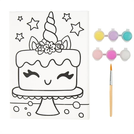 Hello Hobby Pre-Printed Unicorn Canvas & Paints, Includes 1 Canvas Panel Measuring 6” x 8”, 6 Acrylic Paints & Mini Wood Paintbrush