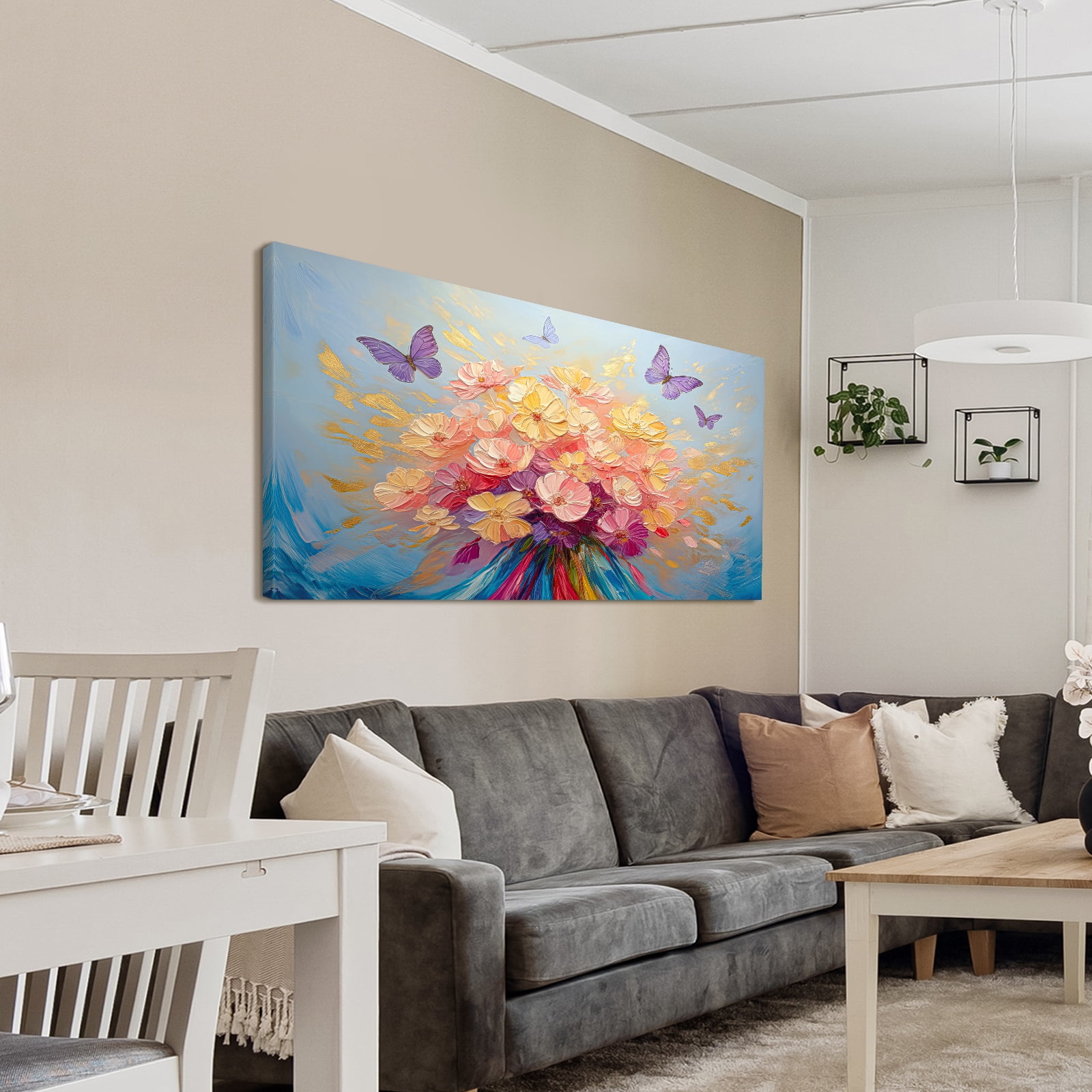 Oversized Floral Paintings, Large Canvas Wall Art for Living Room Bedroom Decor, Abstract Landscape Artwork Butterfly Flower Pictures Prints for Office Home 60x30"