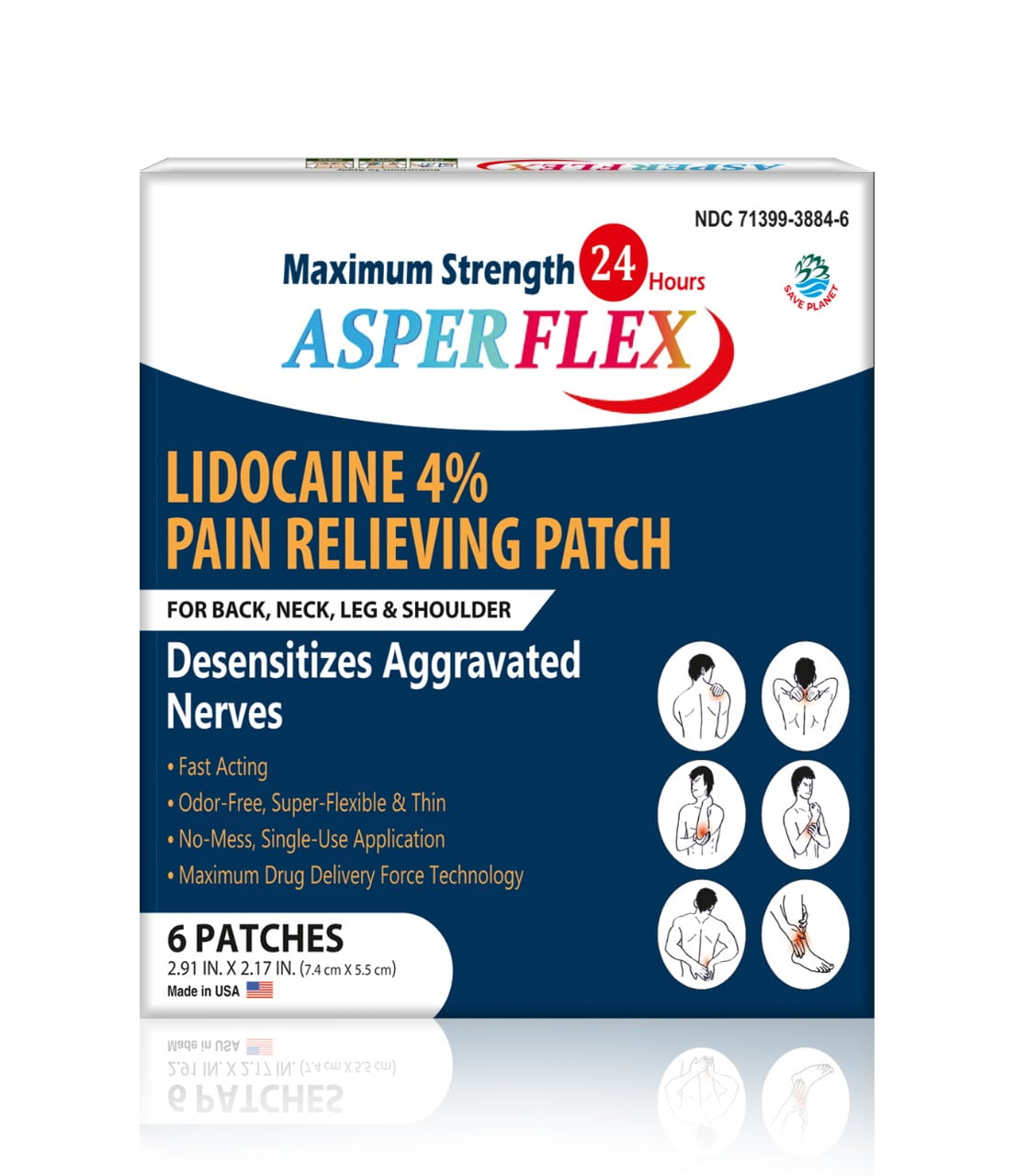 Asperflex Odor Free Max Strength Lidocaine Pain Relief Patch for Back Pain, 6 Count