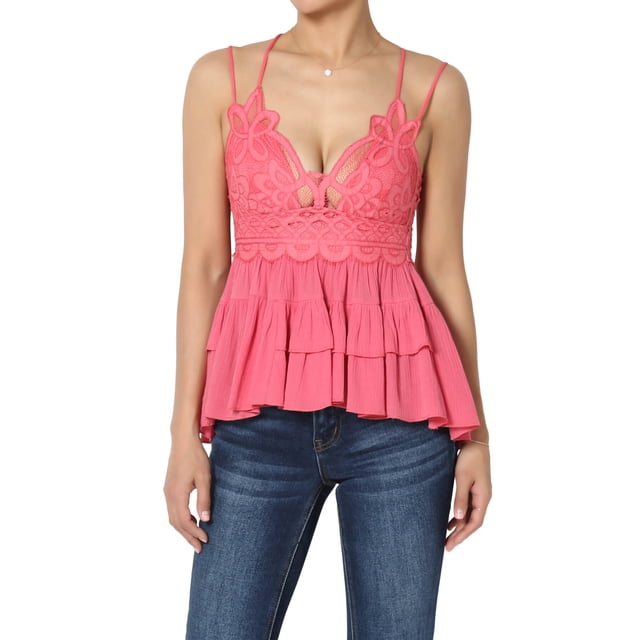 TheMogan Women's S~3X Cross Strap Smocked Back Crochet Lace Ruffle Peplum Cami Top