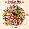thumbnail image 3 of 24 Inch Christmas Wreath with Red and Green Bows, Candy Swirl Ornaments, Berries and Snow-Flocked Greenery, Festive Holiday Front Door Decor, 3 of 10