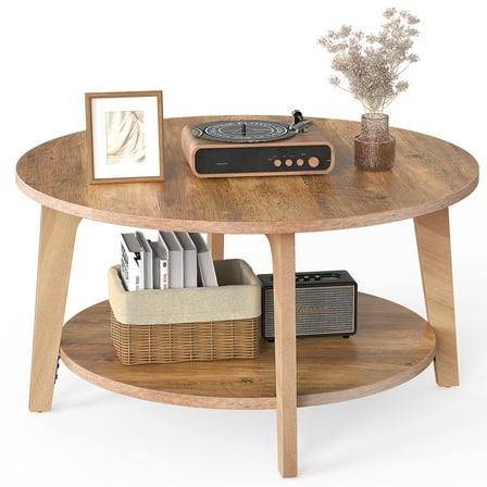 EDX Round Coffee Table, 2 Tier Coffee Table with Storage, for Living Room，Honey Brown
