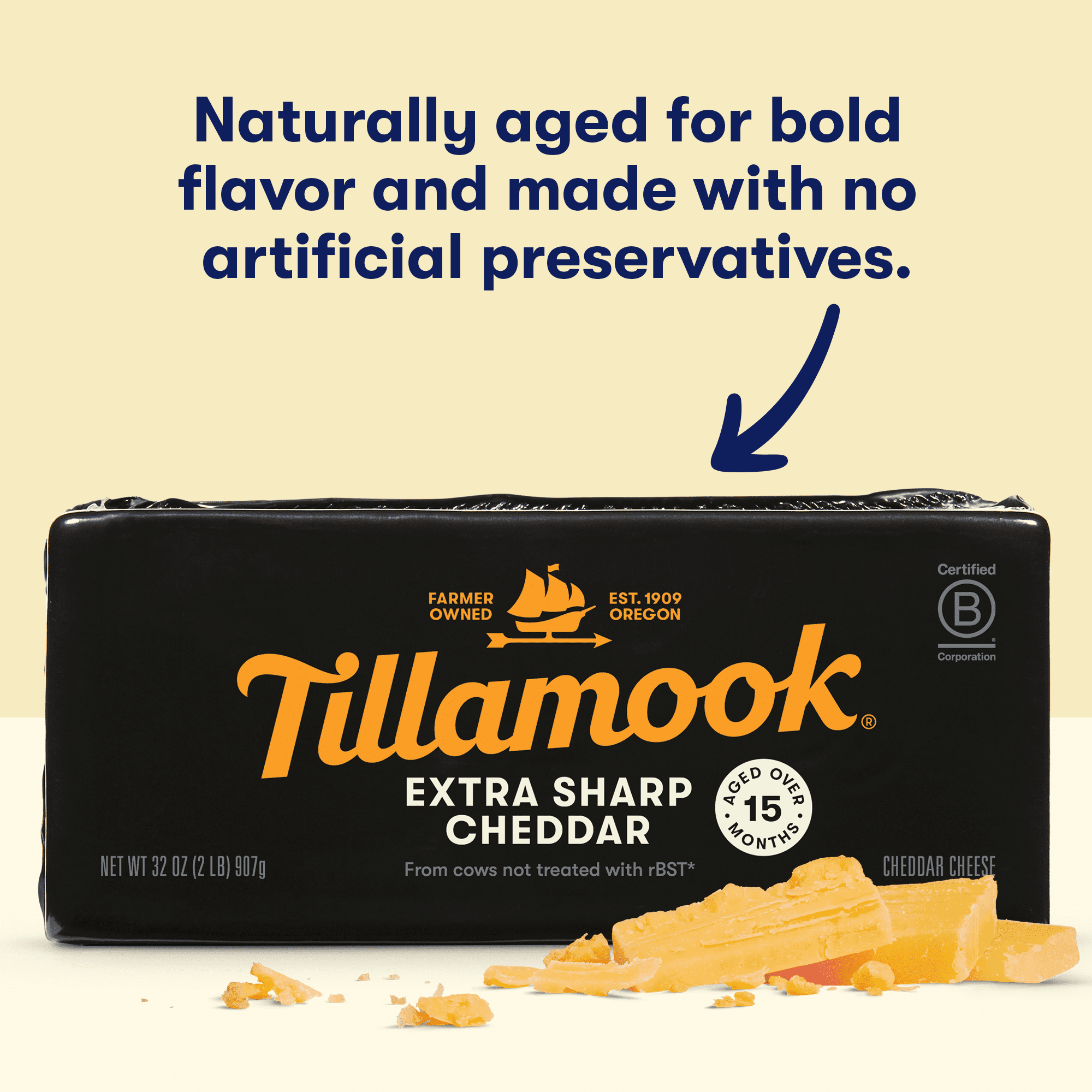 Tillamook Whole Extra Sharp Cheddar Cheese Block, 32 oz (Aged 15 Months)