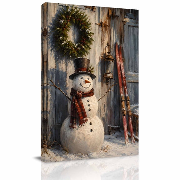 Canvas Wall Art, Christmas Framed Canvas Prints for Living Room Office, Barn Snowman Xmas Wreath Wooden Farmhouse Extra Large Gallery Wrapped Wall Decor for Home Office, Gifts, 24"x32" Ship Next Day