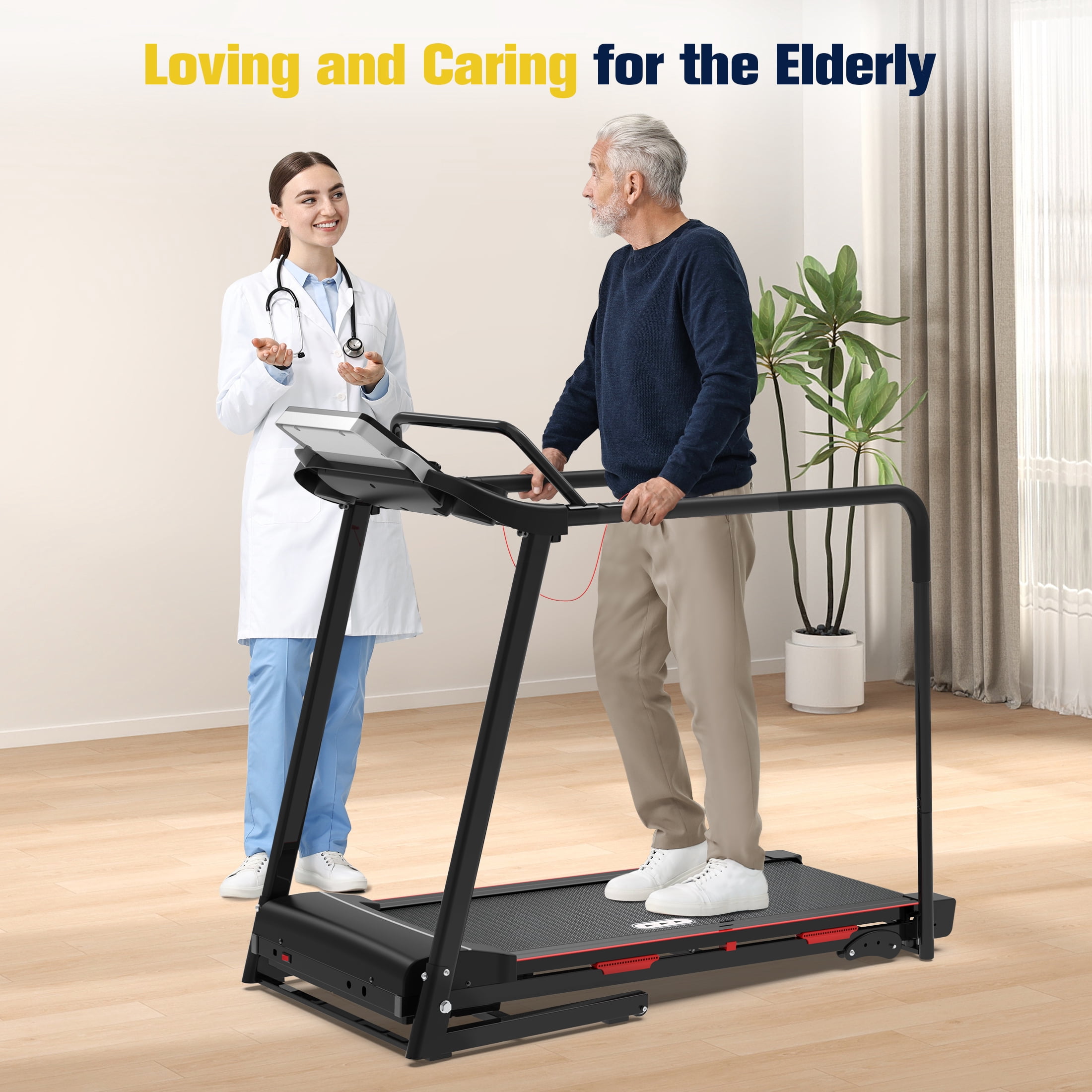 Hapacity Foldable Walking Treadmill for Seniors - 350 LBS Capacity with Front & Long Handrails, 0%-2% Incline for Home Recovery & Fitness