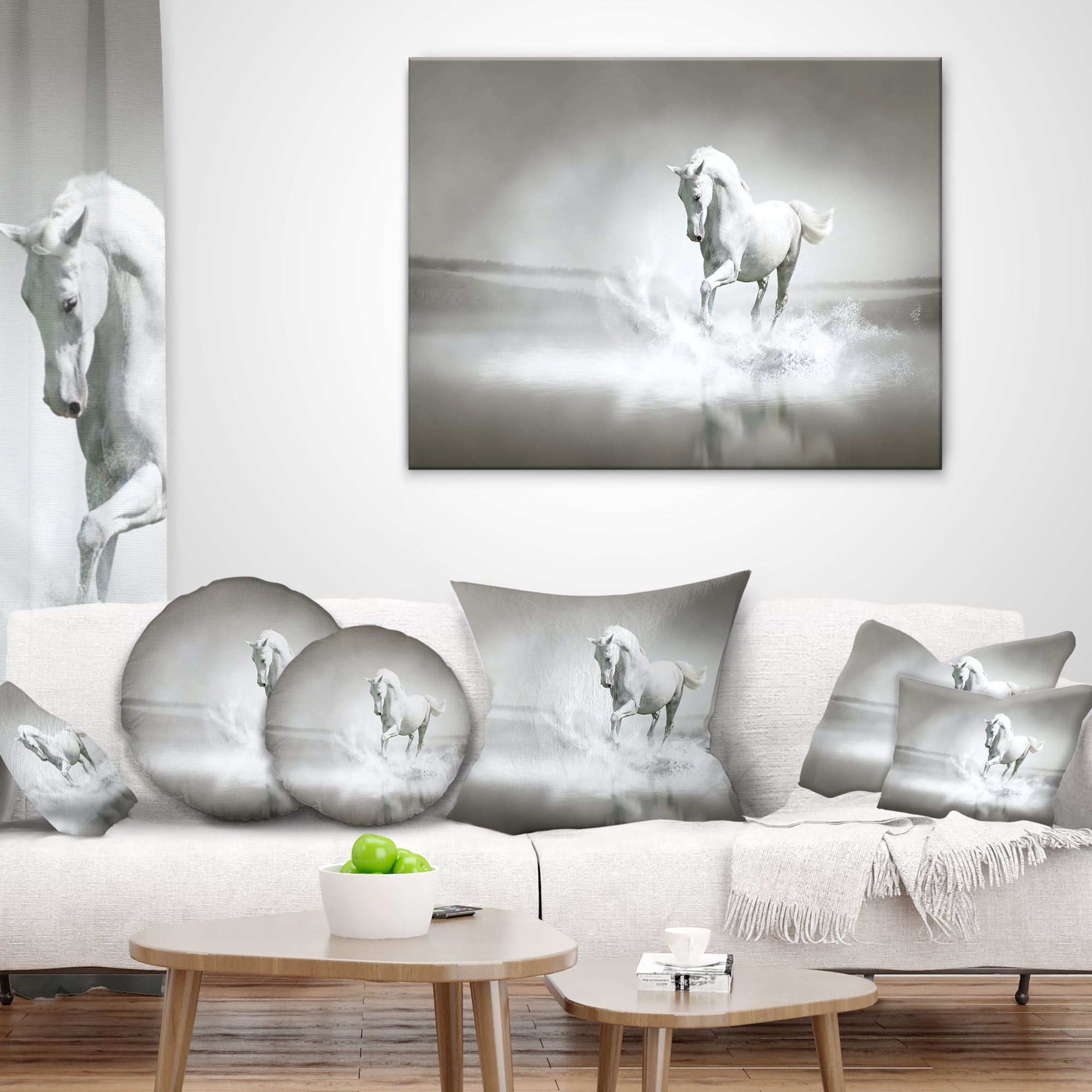 Designart White Horse Running in Water - Animal Throw Pillow - 16x16