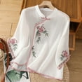 thumbnail image 2 of Drses Womens Summer Tops Women's Embroidered Cotton And Linen Standing Collar Slanted Collar Button 3/4 Sleeved Top Tops for Women Trendy, 2 of 8