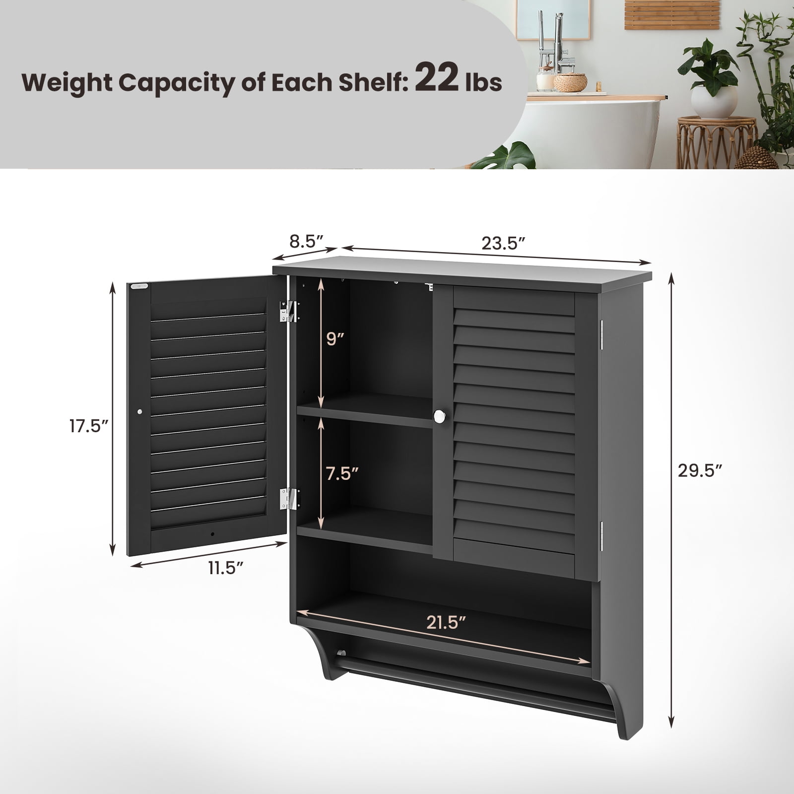 Giantex Wall Mounted Bathroom Cabinet w/Bar, Medicine Cabinet w/Double Louvered Doors, Storage Cabinet, Black