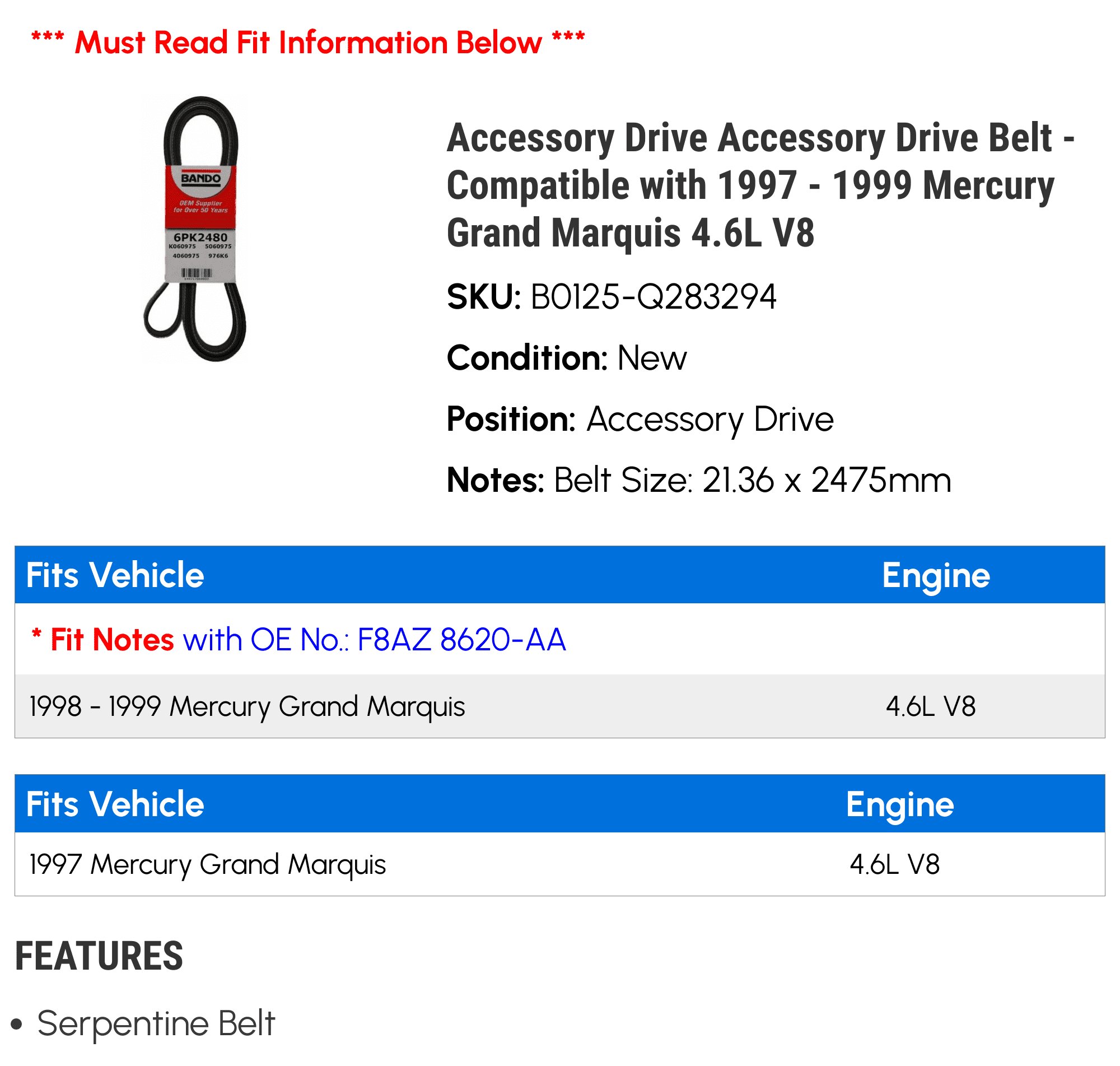 Accessory Drive Accessory Drive Belt - Compatible with 1997 - 1999 Mercury Grand Marquis 4.6L V8 1998