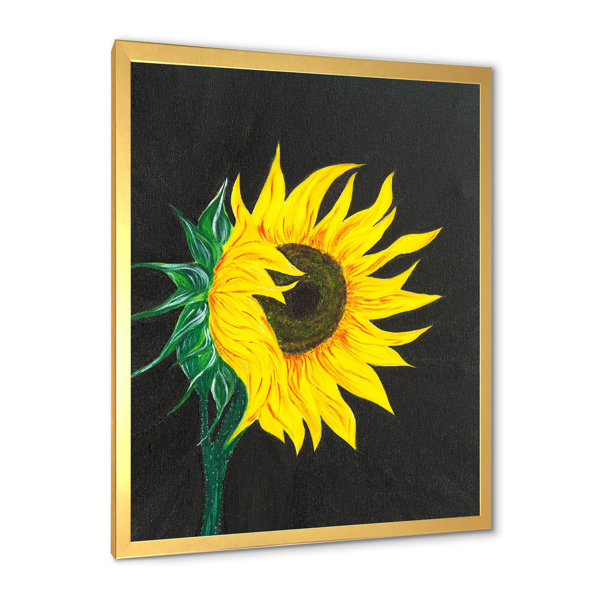 Designart 'Yellow Sunflower On Black' Traditional Framed Art Print