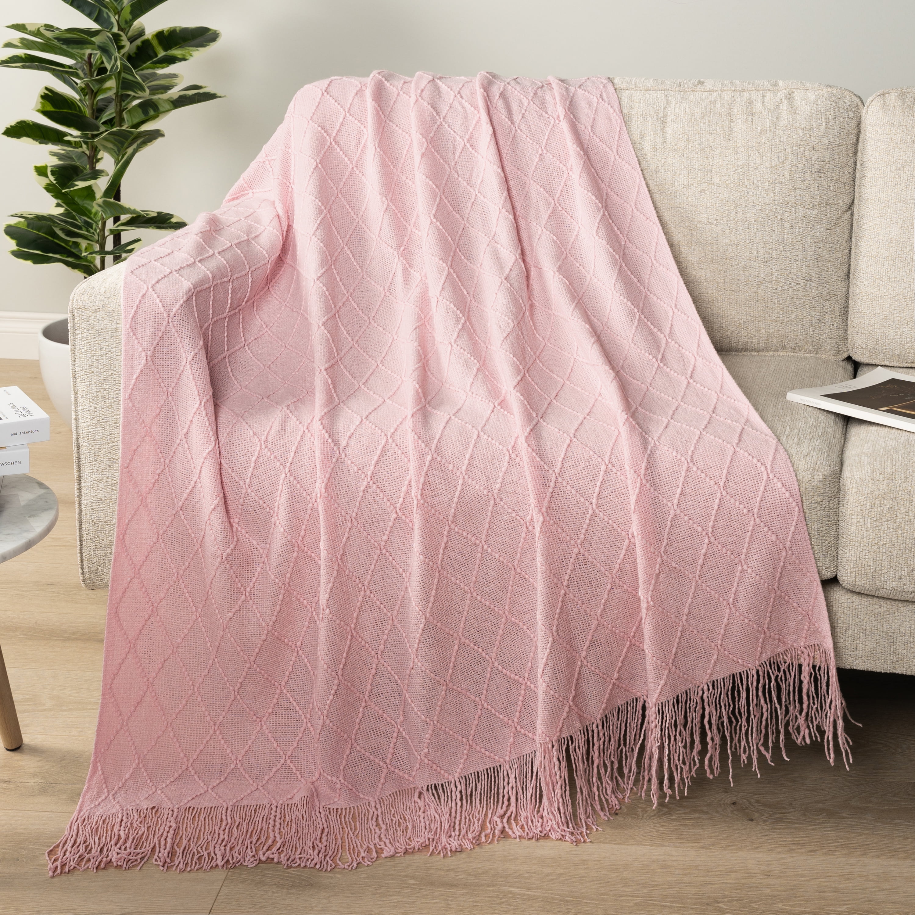 PAVILIA Light Pink Knit Throw Blanket for Couch, Twin Bed, Soft Knitted Farmhouse Sofa Throw for Living Room, Lightweight Decorative Summer Blanket for Chair, Outdoor Textured Boho Blanket, 60x80