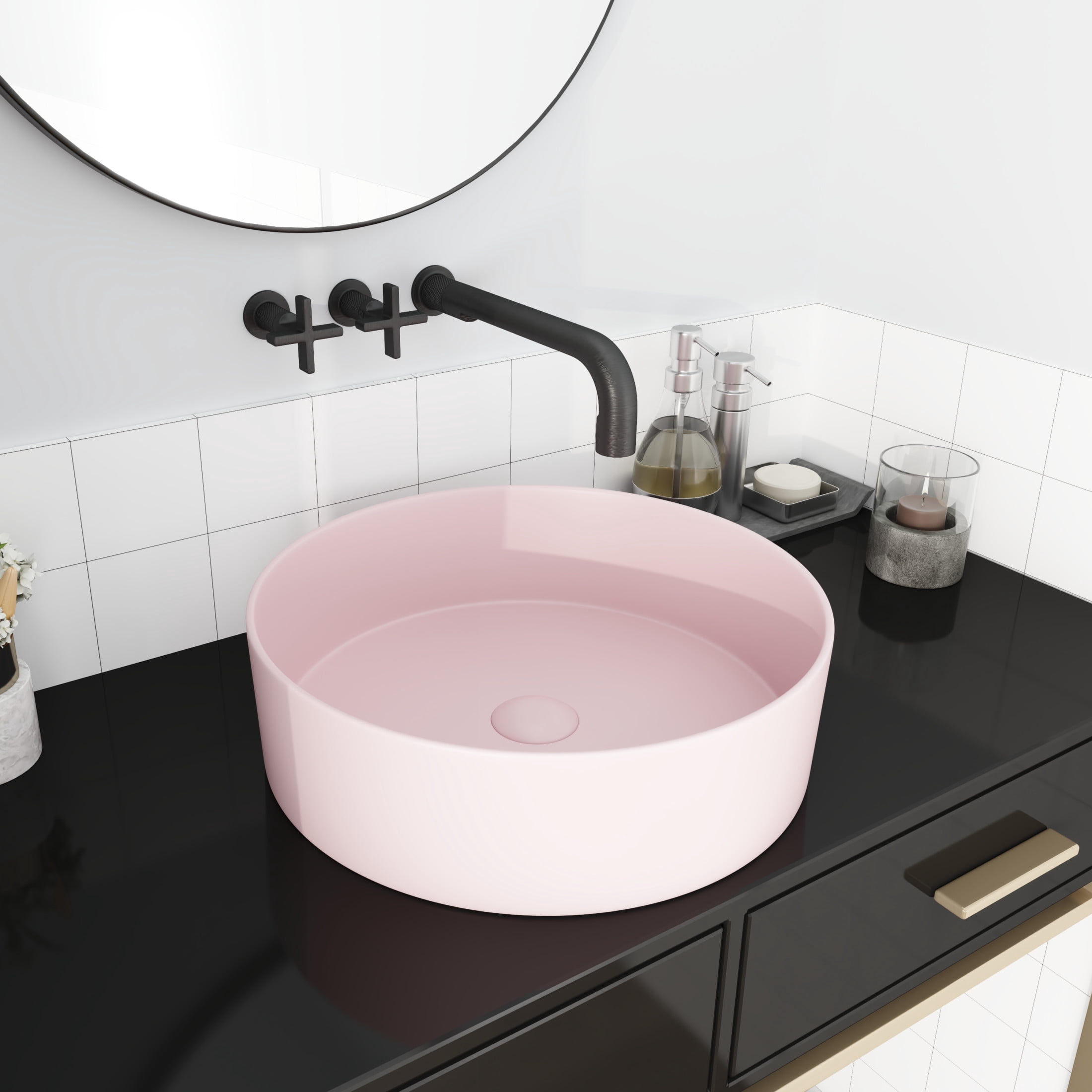 Noble House 15.7" Round Ceramic Bathroom Vessel Sink, Above-Counter Art Basin, Easy-Clean Glaze, Pink