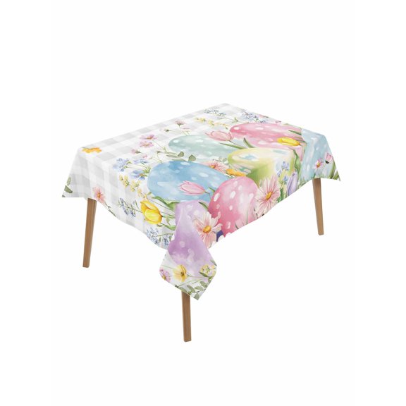 Easter Eggs Rectangle Tablecloth, Spring Daisy Eucalyptus Leaves Gray Plaid Waterproof & StainResistant Tablecloth, Washable Oil-proof Table Cover for Dining/Party/Wedding/Camping/Buffet 60x102 In