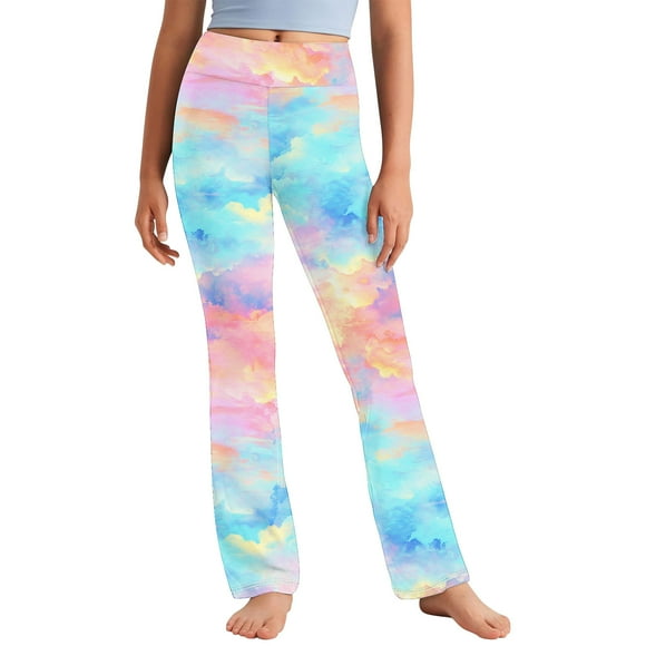 Odeerbi 2-13 Años Niñas Pantalones de Yoga de Pierna Ancha Tie-Dye Entrenamiento Baile Pantalones Deportivos Lindos Elasticidad Cintura Alta Pantalones de Pierna Recta