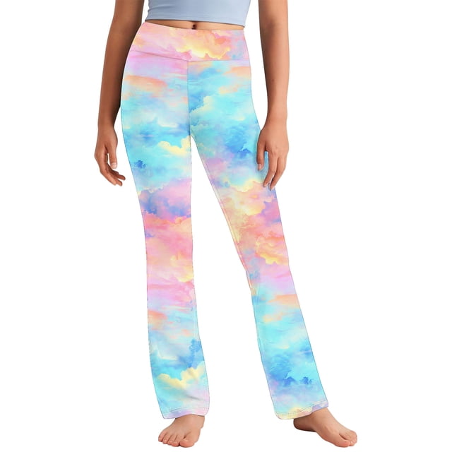 Odeerbi 2-13 Años Niñas Pantalones de Yoga de Pierna Ancha Tie-Dye Entrenamiento Baile Pantalones Deportivos Lindos Elasticidad Cintura Alta Pantalones de Pierna Recta