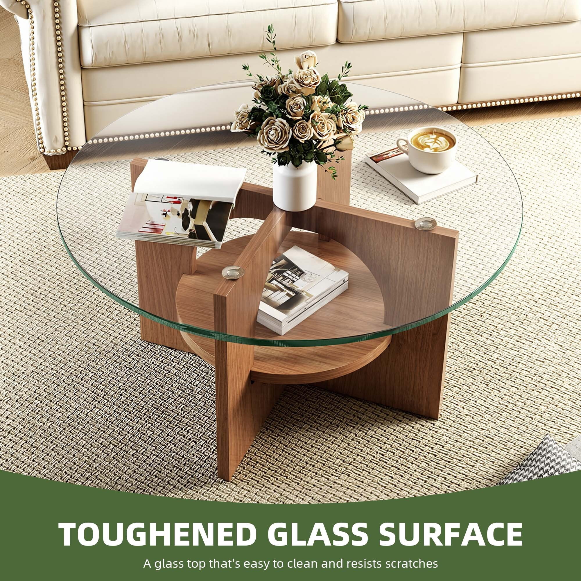 Uforic Round Coffee Table, 2-Tier Tempered Glass Coffee Table with Storage Shelf, Modern Multi-Purpose Center Cocktail Table for Living Room, Office, Walnut Finish