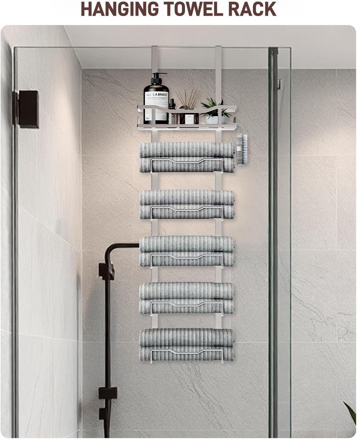Hanging Towel Racks for Bathroom No Drill - Over The Door 6-Tier Bath Towel Storage Organizer for Small Bathrooms - Back Door Large Tiered Towel Holder Hanger for Rolled Towels