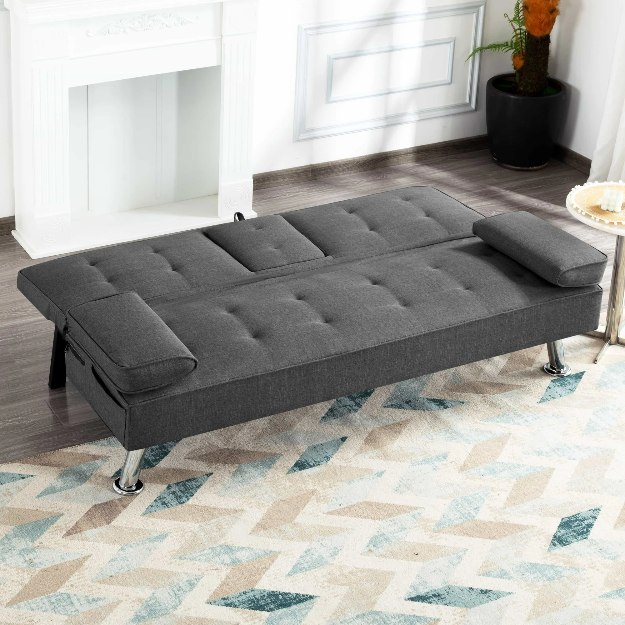 BSHTI Futon Convertible Sleeper Sofa Bed,With 3-Position Adjustable Backrest,Upholstered in Polyester Fabric,a Side Storage Pocket,Twin-Size Sleeper Sofa,Dark Gray